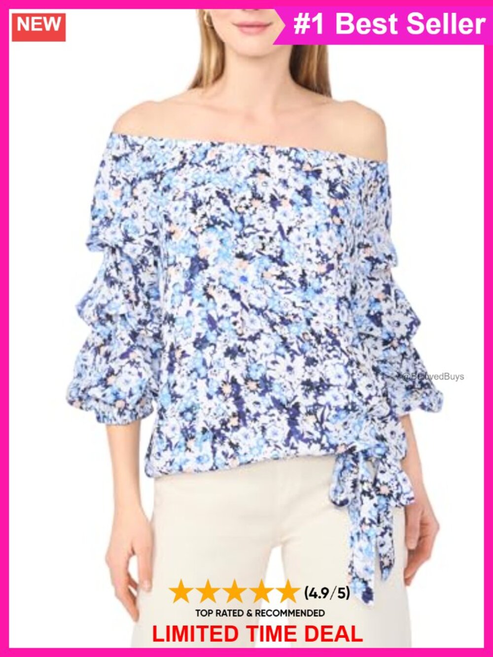 Off the Shoulder Bubble Sleeve Blouse with Side Tie Detail